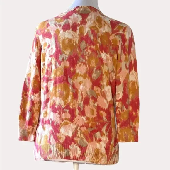 Talbots Cardigan Sweater Abstract Print Crewneck Button Front Orange S bv - Picture 4 of 6